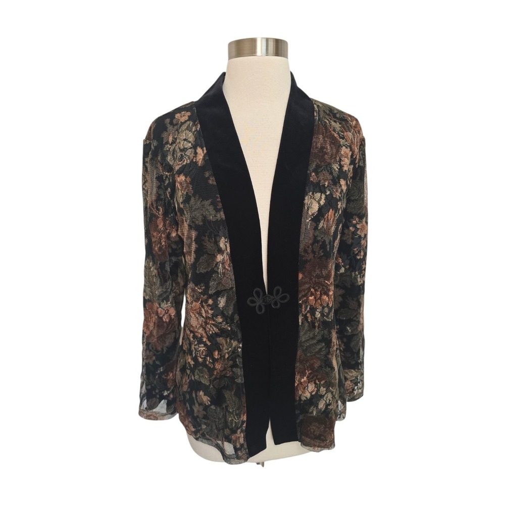 Womens 90s Vintage Floral Mesh Overlay Velvet Cardigan Jacket Size Small